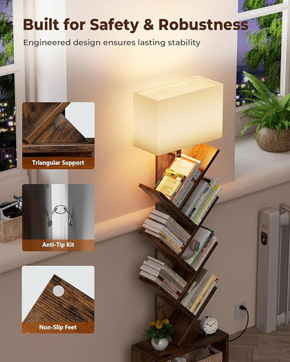 6 Tier Tree Bookshelf with Light, Small Bookcase Tower for Books/CDs/Movies, Sturdy Tall Floor Standing Book Organizer with Storage Cabinet for Living Room, Bedroom and Home Office