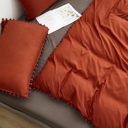Burnt Orange Comforter Set Queen Size Rust Pom Comforter 3 PCs Burnt Orange Boho Ball Pom Fringe Queen Comforter Bedding Set Women Solid Terracotta Queen Bed Comforter Set All Season Gift
