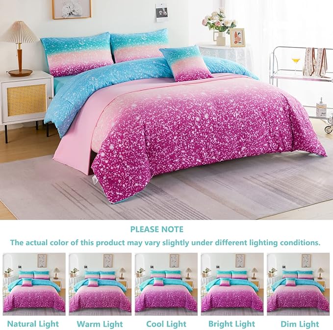 PERFEMET 6 Piece Full Size Comforter Sets for Teens Girls, Tie Dye Rainbow Ombre Bed in A Bag, Gradient Glitter Sparkle Bedroom Decor Bedding Set (Blue Teal Purple, Full)