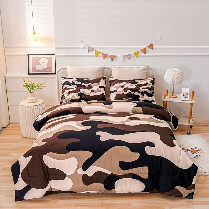 Meeting Story Camouflage Bedding Set, Colorful Pattern Style Queen Comforter Set, 3 PCS One Comforter and Two Pillowcases in One Bag, All Season Bedspread for Kids Teens Adults (Coffee, Full)