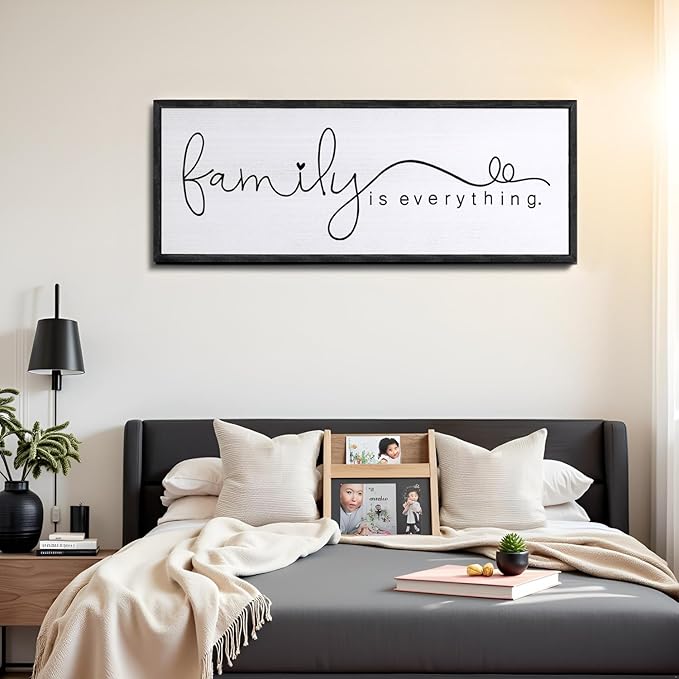 Foutcheou Family is Everything Wall Decor Sign 32"×12" for Family Living Room Large Wood Framed Wall Art Hanging Decoration (Black)