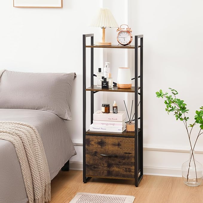 Yoobure Bookshelf, 4 Tier Book Shelf with Drawer, Small Bookcase Narrow Book Case, Industrial Bookshelves Shelf for Bedroom Living Room Office, Book Storage Organizer for CD/Movie Rustic Brown