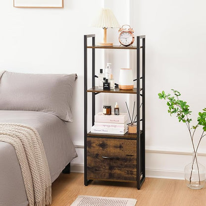 Yoobure Bookshelf, 4 Tier Book Shelf with Drawer, Small Bookcase Narrow Book Case, Industrial Bookshelves Shelf for Bedroom Living Room Office, Book Storage Organizer for CD/Movie Rustic Brown