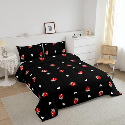 Kawaii Bedding Strawberry Comforter Set King Size Strawberry Decor Down Comforter Red Strawberry Bedding Set Cute Fruits Theme Sweet Strawberry Quilt Set Soft Reversible with 2 Pillowcases, Red Black