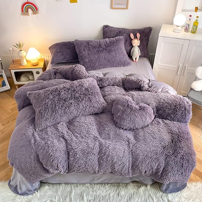 Faux Fur Kid Girls Purple Comforter Sets Twin/Full - 3PC Bed Set Warm Comfortable Soft Plush Flannel Velvet Fluffy Fuzzy Bedding（Comforter x 1 Pillowcases x 2）