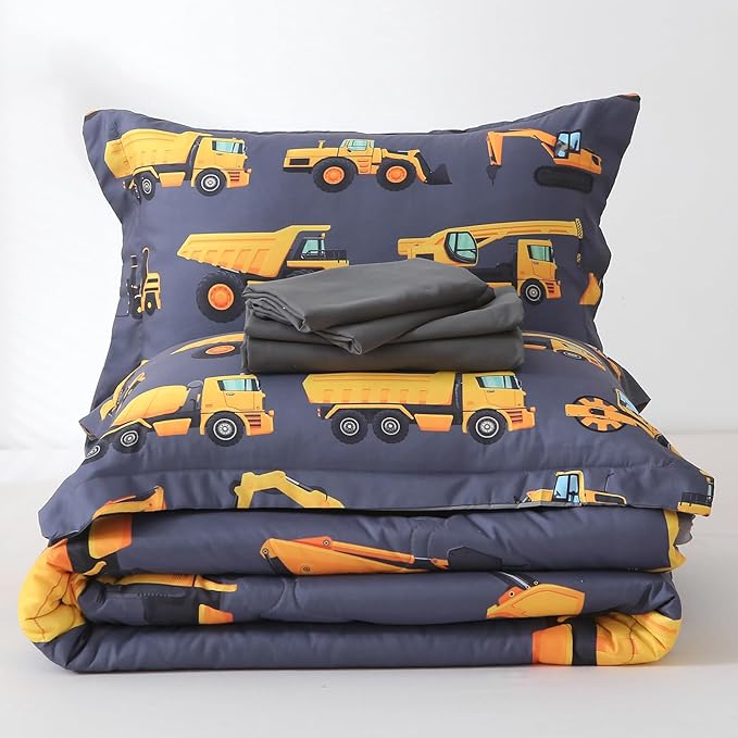 Wajade 7 Piece Construction Truck Kids Comforter Set for Boys Full Size 3D Vehicles Excavator Cars Bedding Set for Kids Teens(1 Comforter, 1 Flat Sheet, 1 Fitted Sheet, 2 Pillowcase and 2 Pillow Sham)