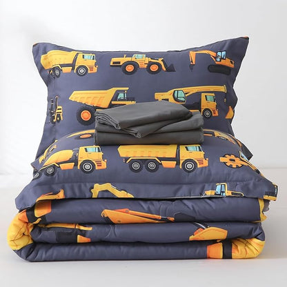 Wajade 7 Piece Construction Truck Kids Comforter Set for Boys Full Size 3D Vehicles Excavator Cars Bedding Set for Kids Teens(1 Comforter, 1 Flat Sheet, 1 Fitted Sheet, 2 Pillowcase and 2 Pillow Sham)