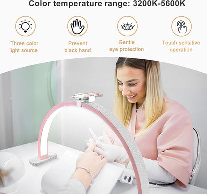 Half Moon Light for Nail Desk, 30'' Half Moon Lamp with Phone Holder, Large 40W Led Lash Light for Nails, Eyelash Extensions, Makeup, Tattoo, Spa, Desk Lamp for Nail Tech (Pink)