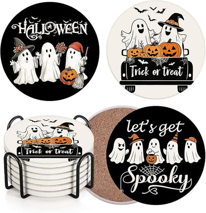 Coaster for Drinks Set of 6, Halloween Black and White Ghost Pumpkins Absorbent Round Ceramic Stone Mat, with Cork Base and Metal Holder, Gift for Housewarming Room Bar Decor