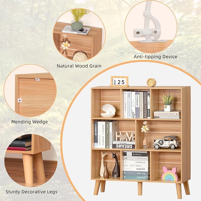 LEYAOYAO Wooden 8 Cube Book Shelf, Natural 3 Tier Bookshelf with Legs, Modern Open Storage Organizer,Boho Bookcase,Display Cabinet Shelf Free Standing Bookshelves for Bedroom,Living Room,Office