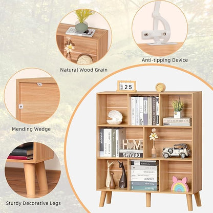 LEYAOYAO Wooden 8 Cube Book Shelf, Natural 3 Tier Bookshelf with Legs, Modern Open Storage Organizer,Boho Bookcase,Display Cabinet Shelf Free Standing Bookshelves for Bedroom,Living Room,Office