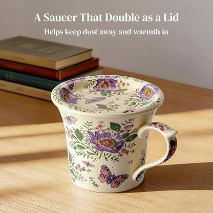 DOWAN 14 OZ Tea Cup & Saucer Set, Floral Mug with Lid, Ceramic Cappuccino/Latte Mug for Women, One Set