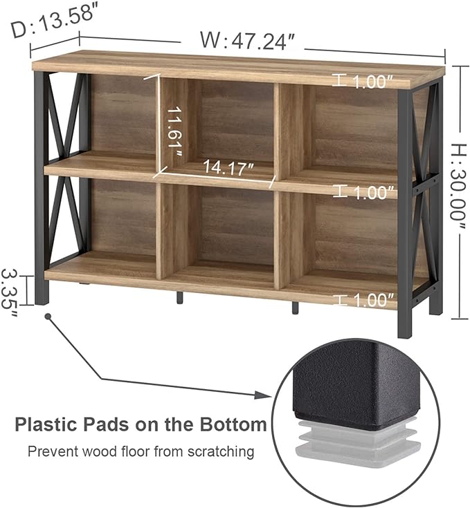 FATORRI 6 Cube Storage Organizer with Shelf, Long Wood and Metal Cubby Bookcase, Industrial Horizontal Bookshelf (Rustic Oak, 47 Inch)