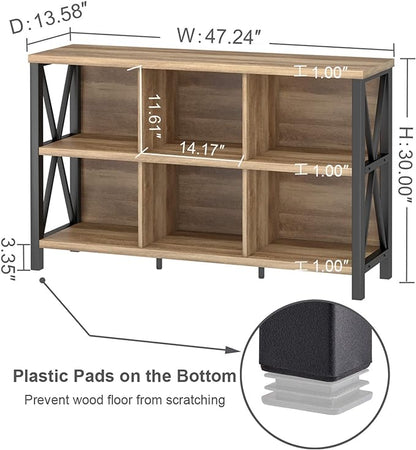 FATORRI 6 Cube Storage Organizer with Shelf, Long Wood and Metal Cubby Bookcase, Industrial Horizontal Bookshelf (Rustic Oak, 47 Inch)