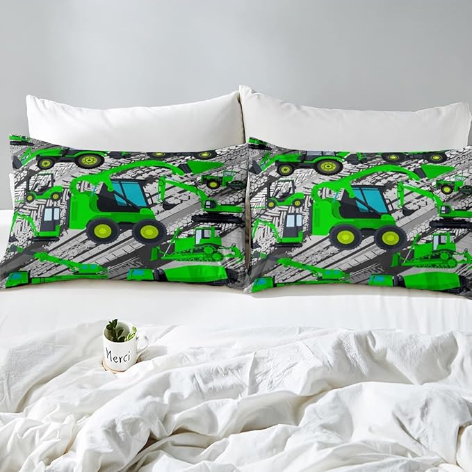 Excavator Down Comforter, Kids Boys Cartoon Car Comforter Set Full, Children Tractor Truck Duvet Sets Girls Construction Vehicle Bulldozer Bedding Set 3 Pieces with 2 Pillow Cases, Green Gray