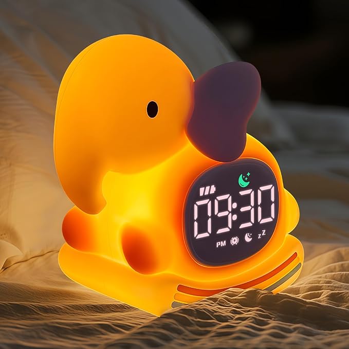Alarm Clock for Kids with Night Light, Sleep Training Clock Time to Wake Clock, Rechargeable Silicone Light for Bedroom, Perfect Sleep Companion for Boys Girls, Pink Elephant