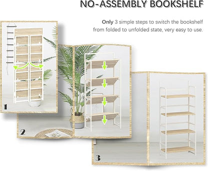 4NM No-Assembly 4 Tiers Folding Bookshelf Storage Shelves Vintage Bookcase Standing Racks Study Organizer Home Office (Natural and White)