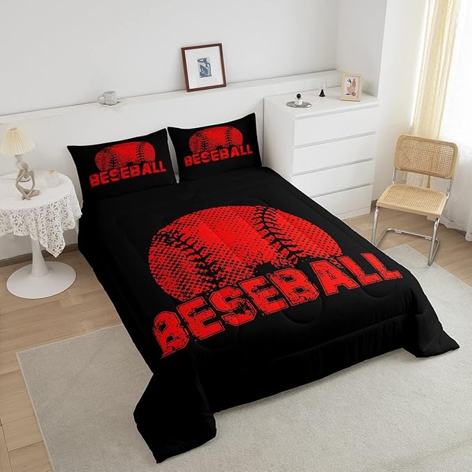 Erosebridal Kids Baseball Queen Size Bedding Set Red Black Sports Comforter Set for Boys Girls Teen,Reversible Black Quilt Comforter Soft Lightweight for All Season,1 Comforter and 2 Pillow Cases