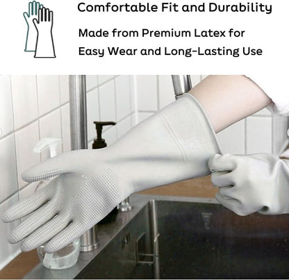Myungjin 2 Pairs Reusable Waterproof Non-Slip Honeycomb Grip Latex Rubber Gloves with Hang-Dry Hooks/Hanging Loops for Dishwashing Household Cleaning Cooking (Medium OverFit)