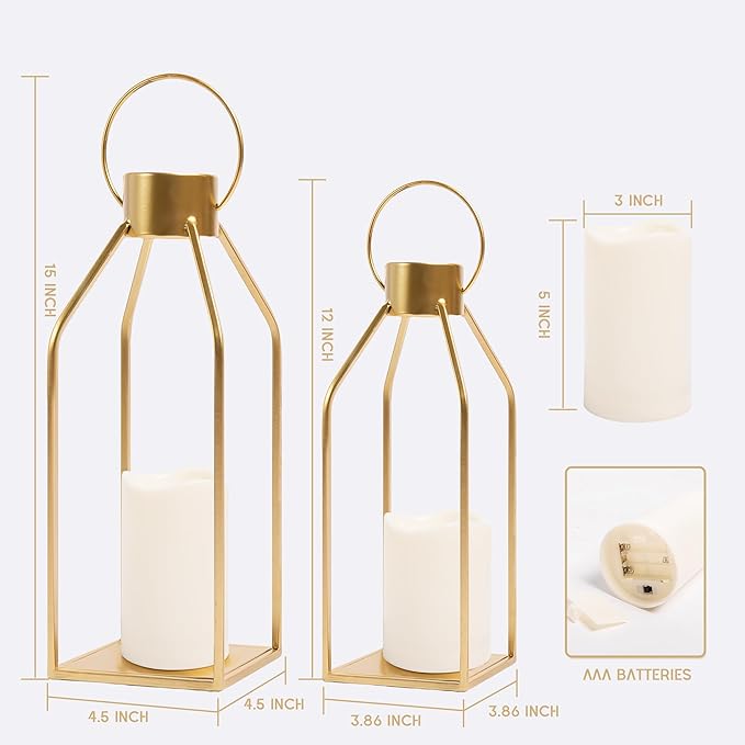 HPC Decor Modern Farmhouse Lantern Decor- Gold Metal Candle Lanterns for Christmas- Lanterns Decorative w/Timer Flickering Candles for Living Room, Home, Indoor, Outdoor, Table,Fireplace Mantle Decor