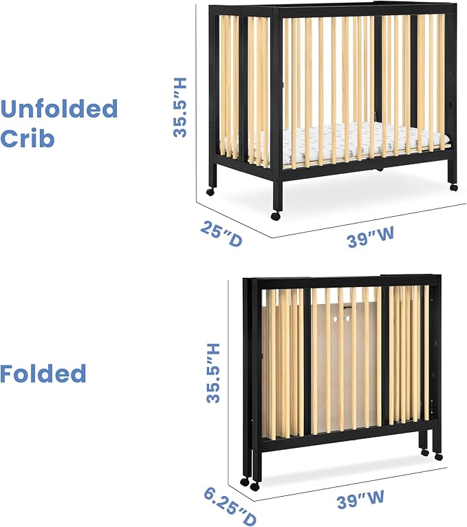 Delta Children Mia Portable Folding Mini Crib with 1.5-Inch Mattress - Greenguard Gold Certified, Ebony Black/Natural