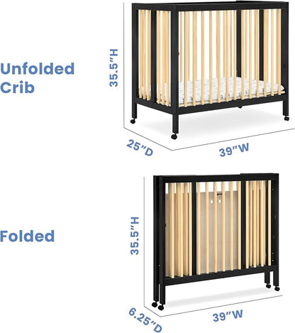 Delta Children Mia Portable Folding Mini Crib with 1.5-Inch Mattress - Greenguard Gold Certified, Ebony Black/Natural