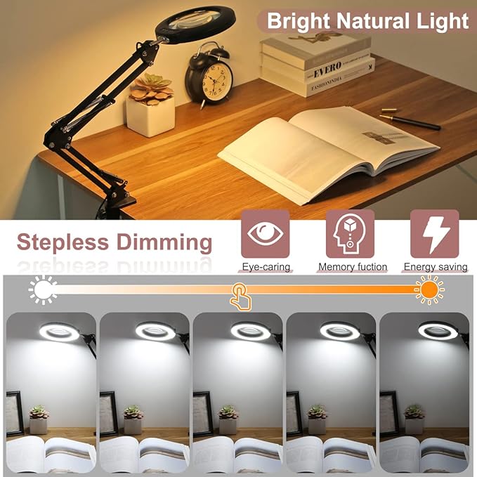 Veemagni 8X Magnifying Glass with Light, 5 Color Modes Stepless Dimmable, Adjustable Swing Arm LED Lighted Desk Lamp with Clamp, Hands Free Magnifier with Light and Stand for Craft Hobby Close Works