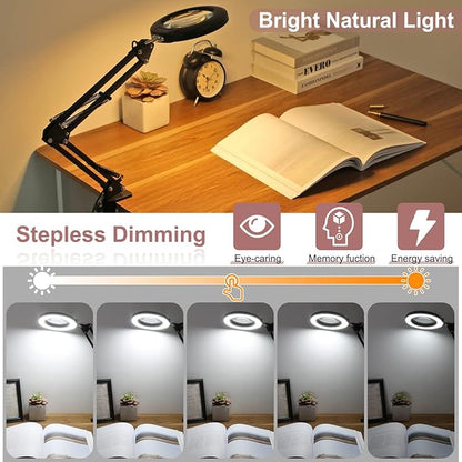 Veemagni 8X Magnifying Glass with Light, 5 Color Modes Stepless Dimmable, Adjustable Swing Arm LED Lighted Desk Lamp with Clamp, Hands Free Magnifier with Light and Stand for Craft Hobby Close Works