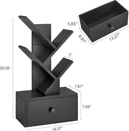 4 Tier Tree Bookshelf with Drawer, Small Tree Bookcase, Modern Table Top Book Shelf Organizer Shelves for Living Room, Bedroom, Home Office, Black