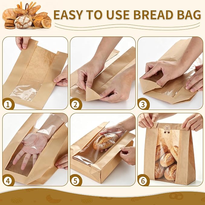 Banana Bread Packaging, Bread Packaging for Homemade, 50 Pcs 13.78" × 8.27" × 3.54" Bags with Clear Window and 50 Stickers, Water and Oil Repellent, Easy to Use, Well-Sized for Baked Goods
