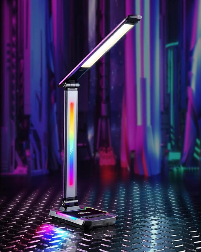 WILIT LED RGB Gaming Desk Lamp, Voice Activated Changing Colors Rhythm Light with Wireless Charger and USB Charging Port, Colorful Ambient Light Touch Table Lamp for Gaming, PC, Room Decoration