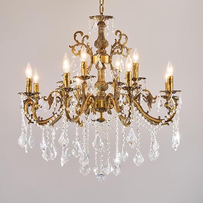 Vintage 8 Arms Crystal Chandelier Candle Light Fixture for Dining Room Living Room Bedroom Hallway Entryway Antique Gold Finish (34"-12 Lights)