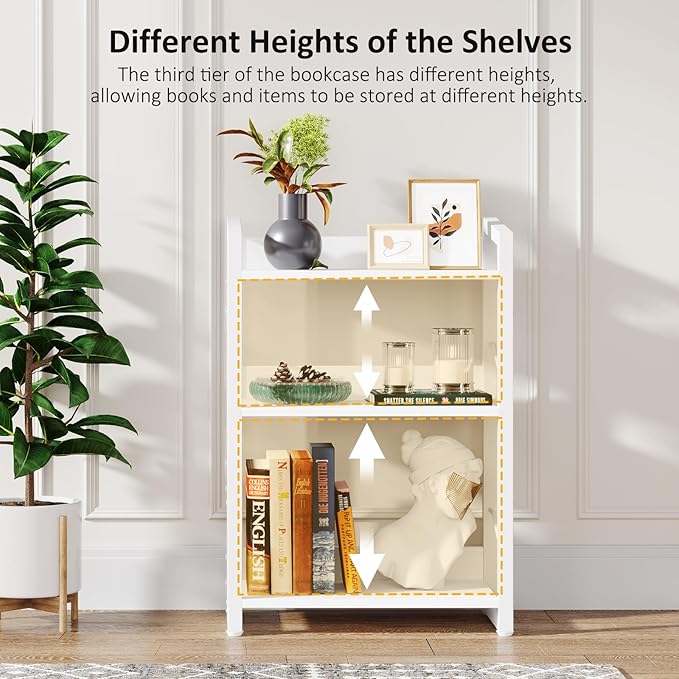 Book Shelf Small Bookshelf - 3-Tier Wood Bookcase Industrial Bookshelf Metal Narrow Bookshelves Storage Organizer Display Rack for Bedroom Living Room Home Office (White)