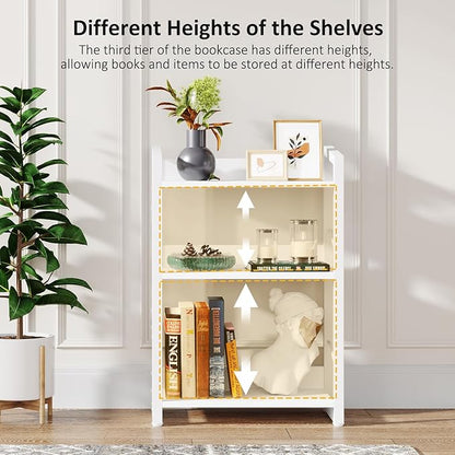 Book Shelf Small Bookshelf - 3-Tier Wood Bookcase Industrial Bookshelf Metal Narrow Bookshelves Storage Organizer Display Rack for Bedroom Living Room Home Office (White)