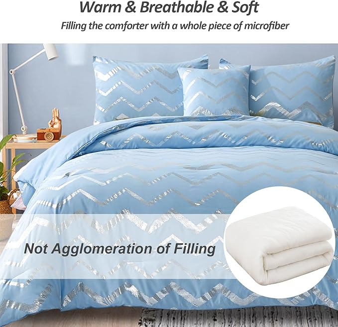 King Comforter Set Blue/Silver Metallic Print Glitter Bedding Set Cute Shinny Bed Sets for Teen Girls Kids Women, 4 Piece (2 Pillowcases, 1 Decorative Pillow Sham)