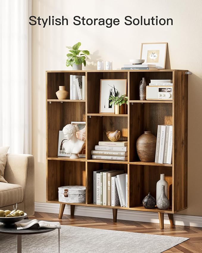 Pipishell 9-Cube Bookshelf, Bookcase with 3 Height-Adjustable Shelves and Solid Legs, Cube Storage Shelf, Modern Freestanding Open Bookshelf for Living Room, Bedroom (Walnut)