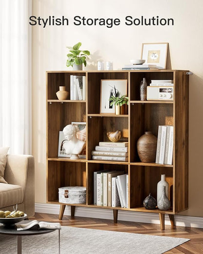 Pipishell 9-Cube Bookshelf, Bookcase with 3 Height-Adjustable Shelves and Solid Legs, Cube Storage Shelf, Modern Freestanding Open Bookshelf for Living Room, Bedroom (Walnut)