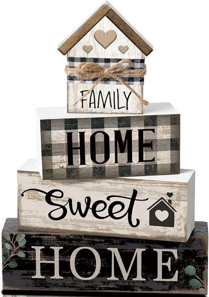 Moucuny 4 Pcs Farmhouse Table Decor Rustic Home Sweet Home Farmhouse Tiered Tray Decor Retro Wooden House Shaped Block Signs Housewarming Gifts Neutral Centerpiece for Kitchen Shelf
