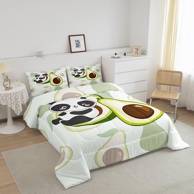 Erosebridal Panda Comforter Set Queen,Avocado Bedding Set Cute Black White Panda Bedding Bear Cat Bedding Comforter for Kids Boys Girls Green Tropical Fruit Quilt Duvet Set Room Decor 2 Pillow Cases