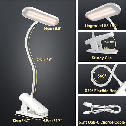 Desk Lamp Battery Operated, Clip on USB Rechargeable Reading Light for Headboard with Large Clamp, 25 Models Adjustable Cordless Touch Light for Bed Frame Bunk Dorm Table Bedside (White)