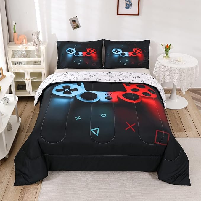 Boys Gamepad Comforter Set Full,Play Gamer Bedding Set Kid Young Man Video Games Down Comforter for Teen Child Game Room Decor Black Classic Retro Gaming Quilt Duvet Set with Controller Button