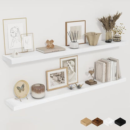 White Floating Shelves for Wall, 48 Inch Floating Shelves for Home Decor, Wall Mounted Rustic Wood Shelves, Bathroom, Hanging Deep Shelf for Bedroom, Living Room, Kitchen, 2 Packs