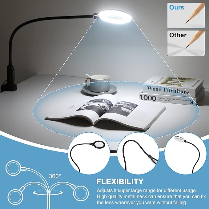 26" Gooseneck Magnifying Lamp with Clamp, 5 Color Modes Stepless Dimmable LED Desk Light with Magnifying Glass, 10X Real Glass Lighted Magnifier Hands Free for Painting Close Work Craft Hobby
