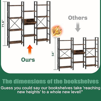 Shintenchi Industrial Bookcase,71.6” Triple 4 Tier Bookshelf with 11 Open Display Shelves,Large Etagere Bookshelf Open Record Player Shelves,Wide Book Shelf Book Case for Home & Office,Rustic Brown