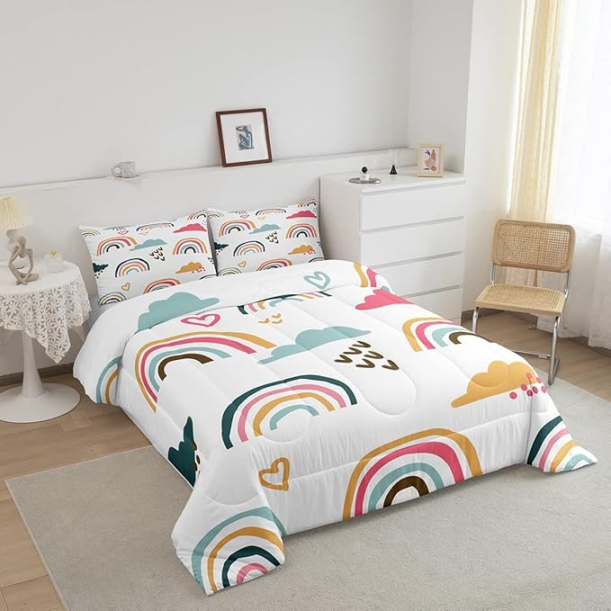 Rainbow Bedding Twin for Girls,Cartoon Rainbow Comforter Sets for Toddler,Cute Rainbow Cloud Doodle Duvet Insert Kids Gift,Kawaii Colorful Down Comforter Warm with 1 Pillowcase Bedroom Decor