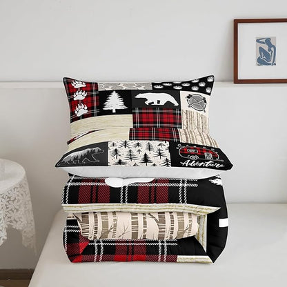 Manfei Bear Comforter Set Twin Size,Pine Trees Animals Hunting Bedding Set for Kids Boys Girls Adults Room Decor,Camping Adventure Rustic Farmhouse Down Comforter,Red Plaids Duvet Insert,1 Pillowcase