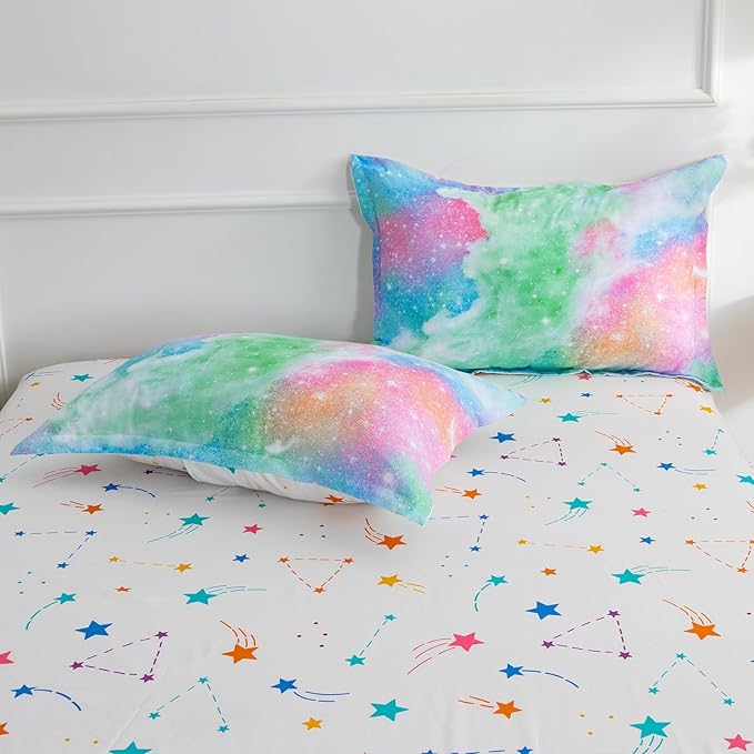 A Nice Night Galaxy Bedding Sets Outer Space Comforter 3D Printed Space Quilt Set Full Size Glitter Pink Green Color,for Children Boy Girl Teen Kids