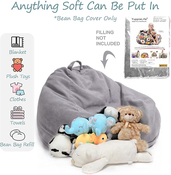 YuppieLife Stuffed Animals Bean Bag Chair Cover Candy-Colored Bean Bag（Just Cover, No filling）/Extra Large Stuff 'n Sit Organization/Toy Storage Bag/Kids Toys Organizer（38'',Grey）