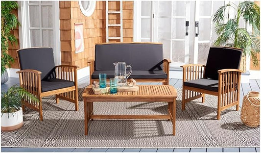 SAFAVIEH Outdoor Collection Rocklin Natural/ Black Cushion 4-Piece Conversation Patio Set
