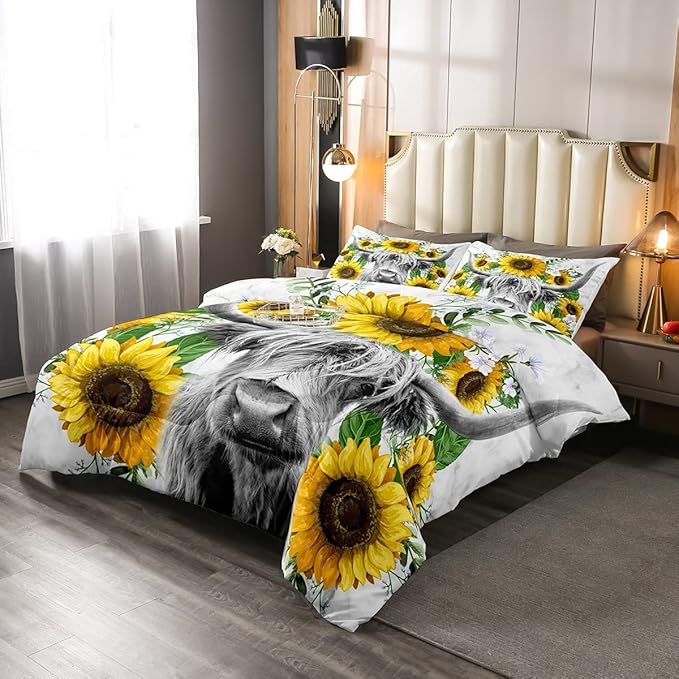 Highland Cow Comforter Set King Sunflowers Art Down Comforter Rustic Bull Cattle Bedding Set for Kids Boys Girls Adult Farmhouse Western Funny Animal Wild Theme Duvet Set Grey Marble Comforter